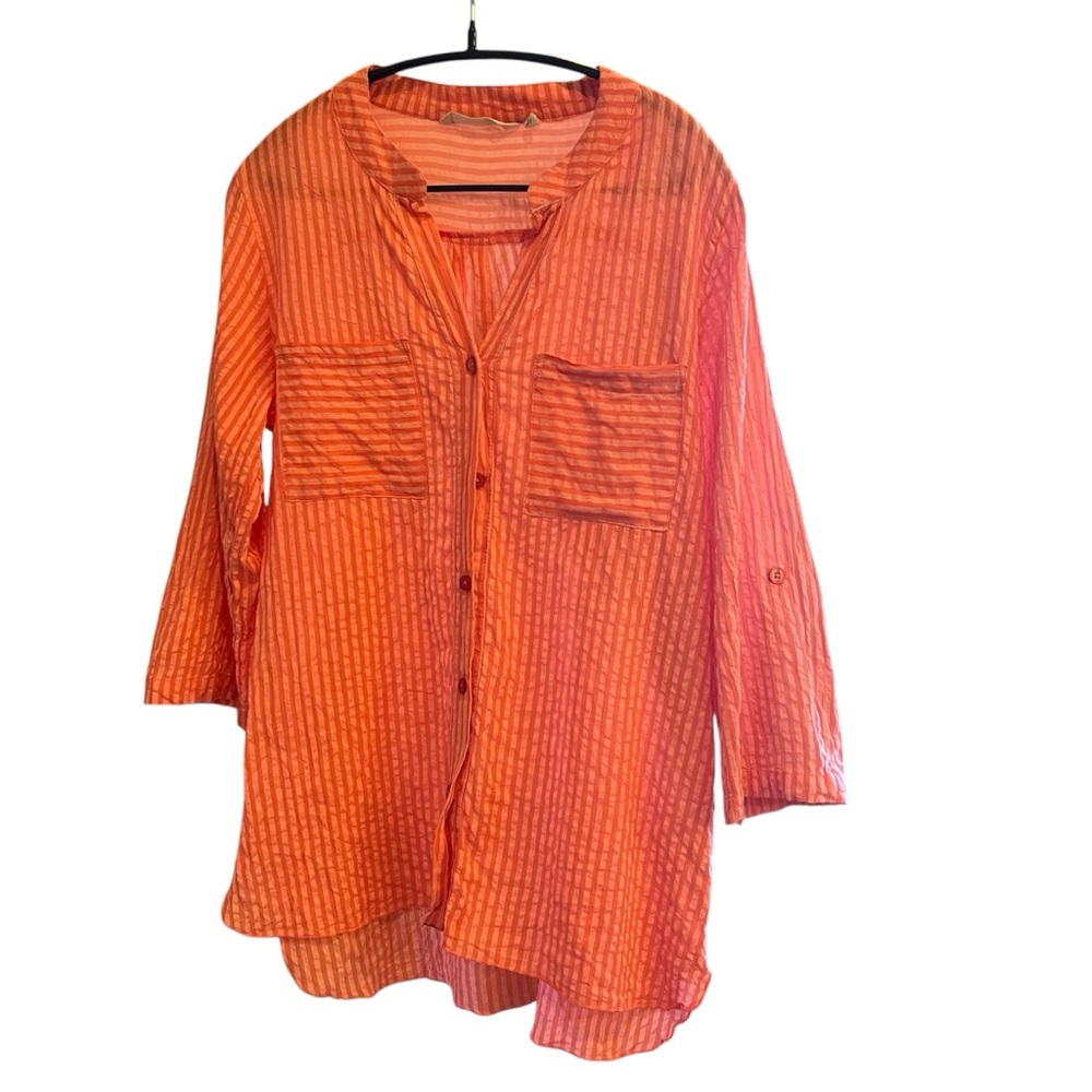 Soft Surroundings Sheer Cotton Roll-Tab Sleeve Tunic Blouse PM Coral Stripe